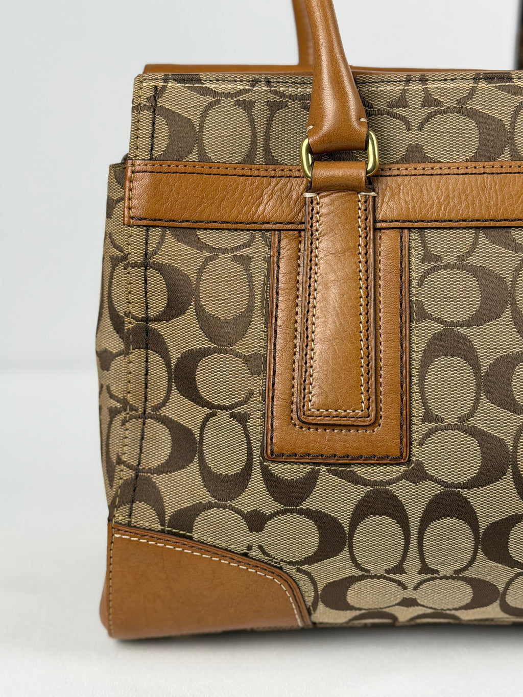 Coach 11063 Hampton Turnlock Signature Brown Monogram Shoulder Bag Leather Trim