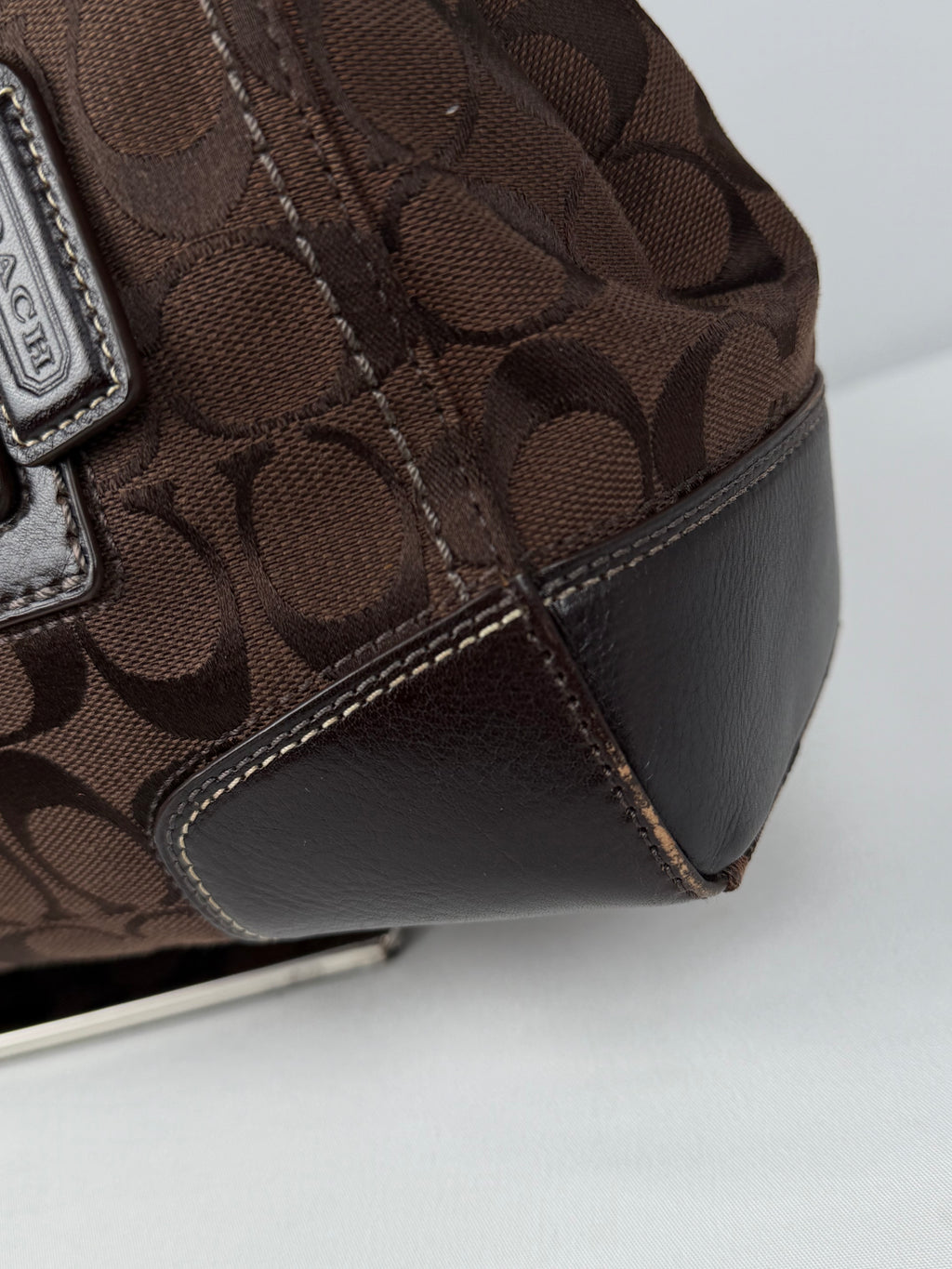 Coach 11062 Hampton Signature Chocolate Brown Monogram Shoulder Bag Leather Trim