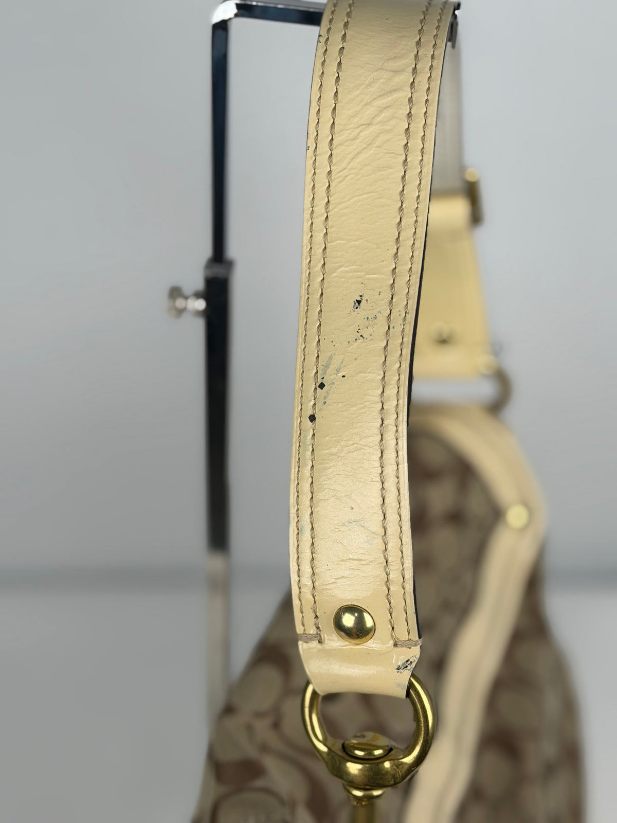 Coach F12857 Legacy Ali Signature Brown Monogram Shoulder Bag Cream Patent Leather Trim