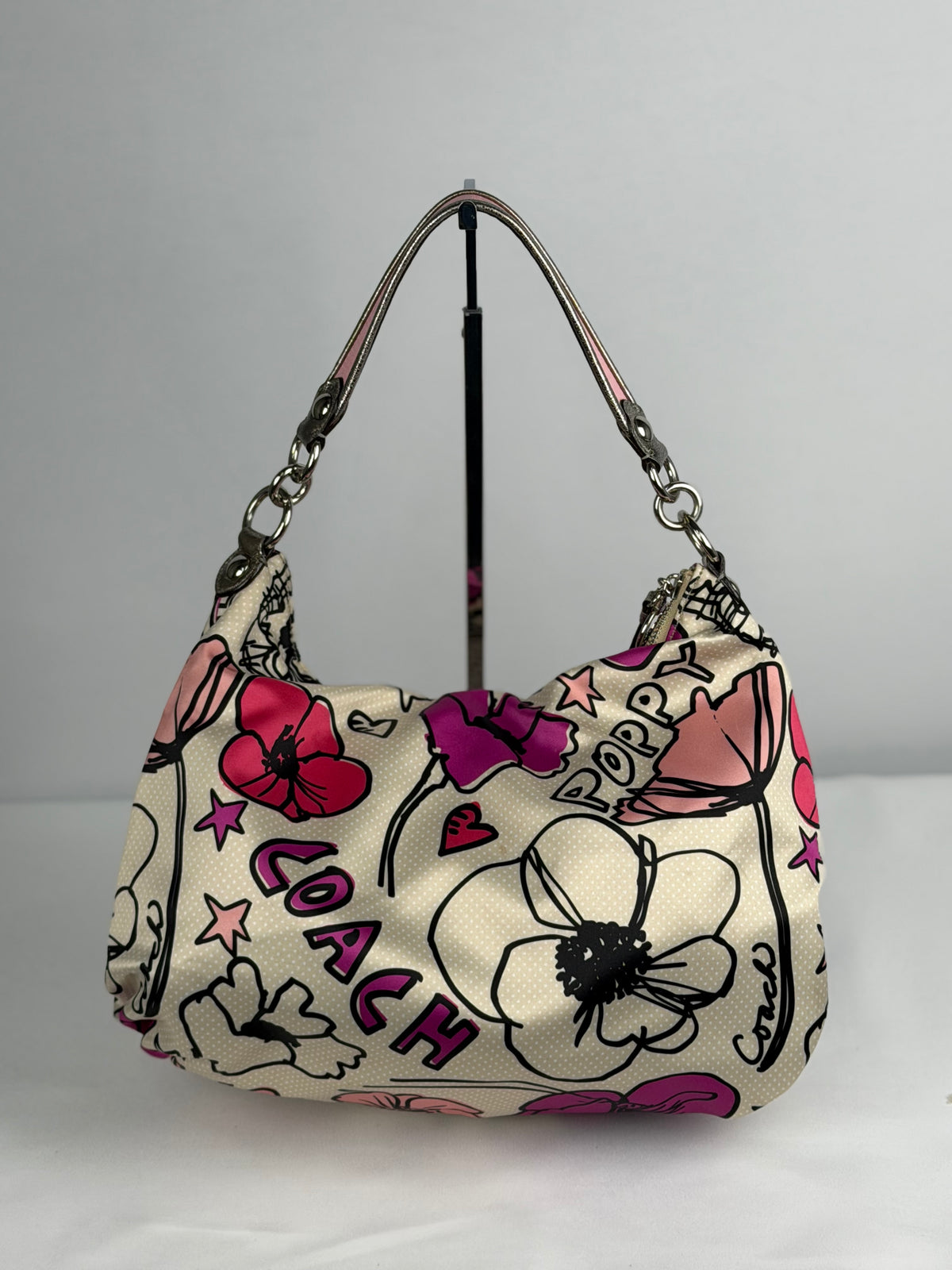 Coach F16493 Poppy Graffiti Floral Pink/Purple/Cream Shoulder Bag Leather Trim
