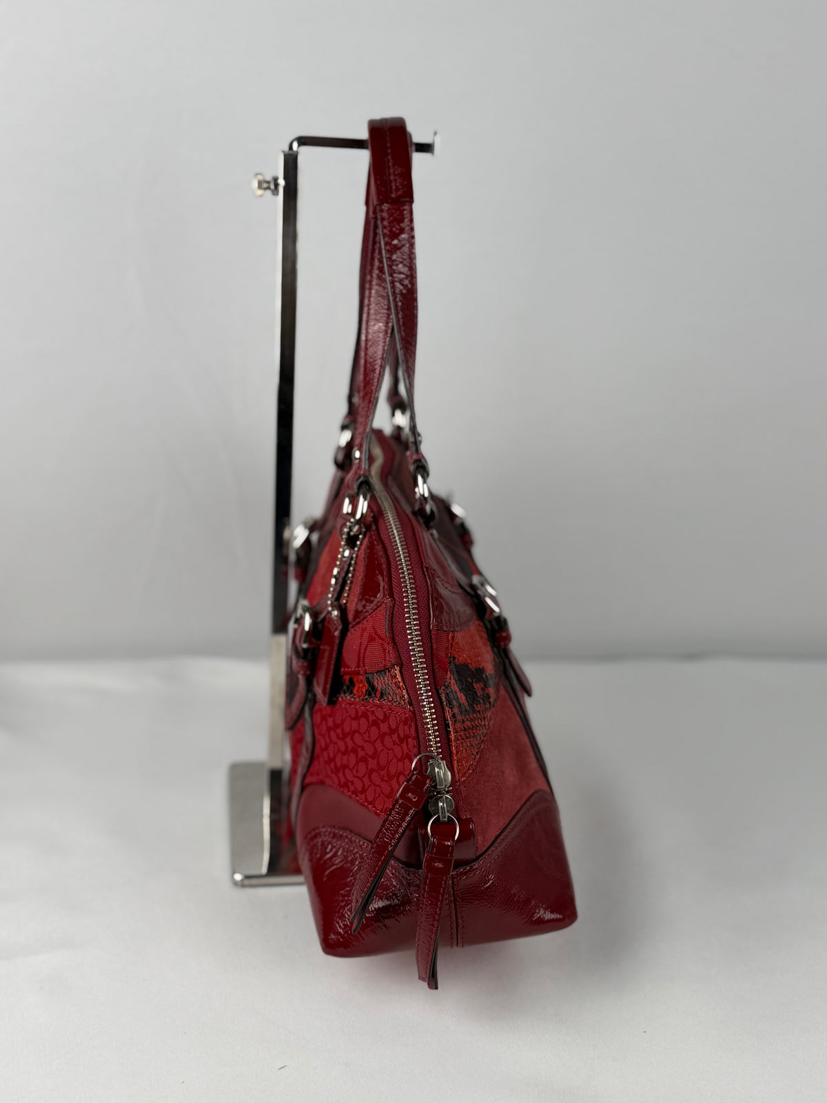 Rare Coach F14007 Red Patchwork Canvas Suede Leather Shoulder Bag