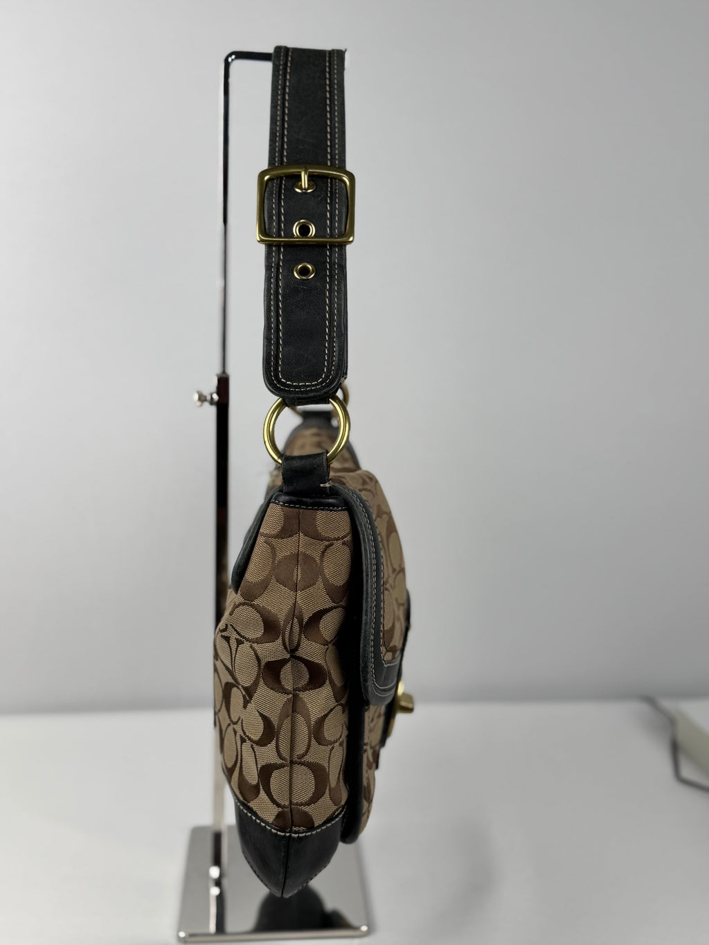 Coach 10338 Ali Legacy Turnlock Flap Signature Brown Monogram Shoulder Bag Black Leather Trim
