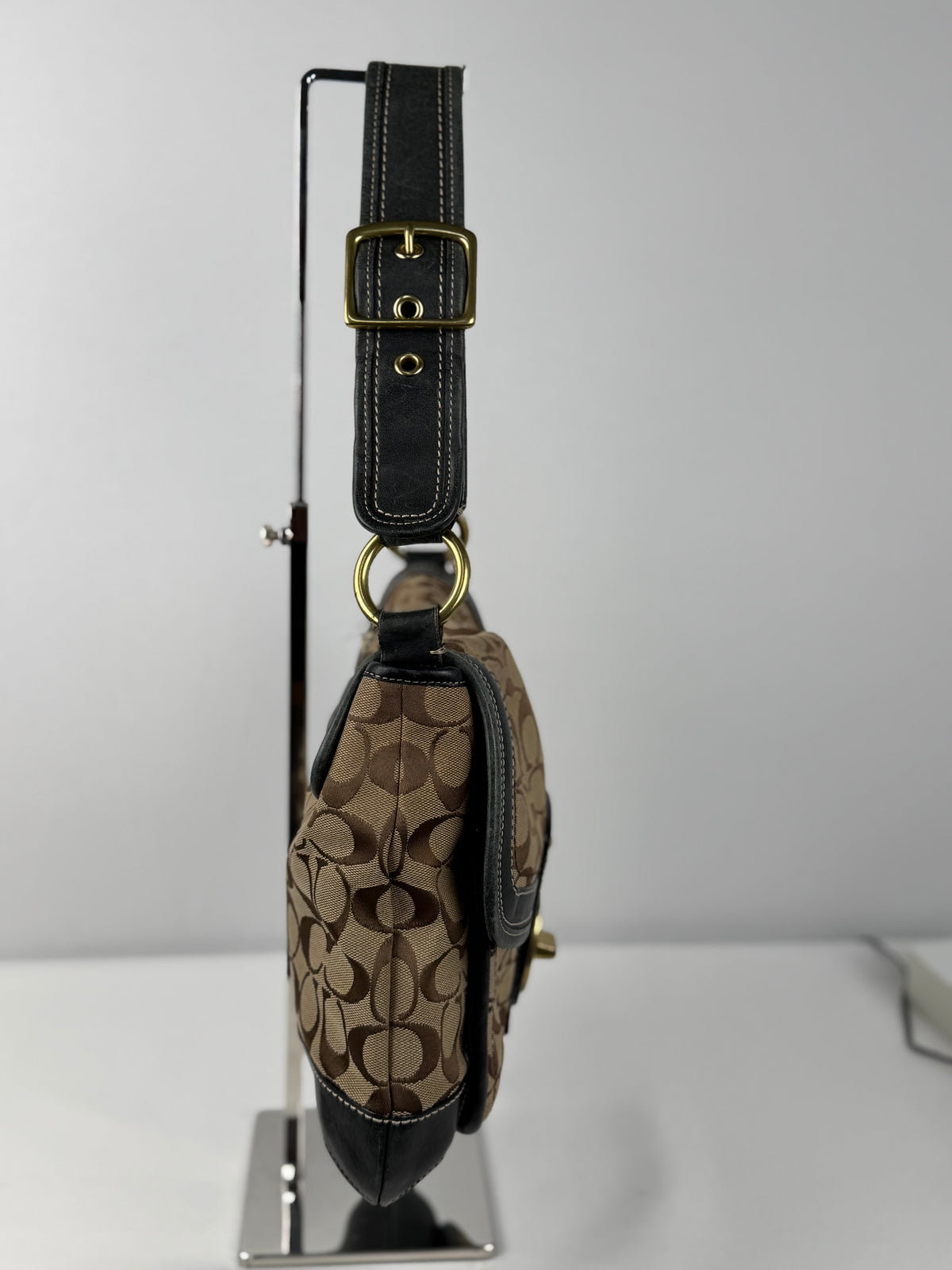 Coach 10338 Ali Legacy Turnlock Flap Signature Brown Monogram Shoulder Bag Black Leather Trim