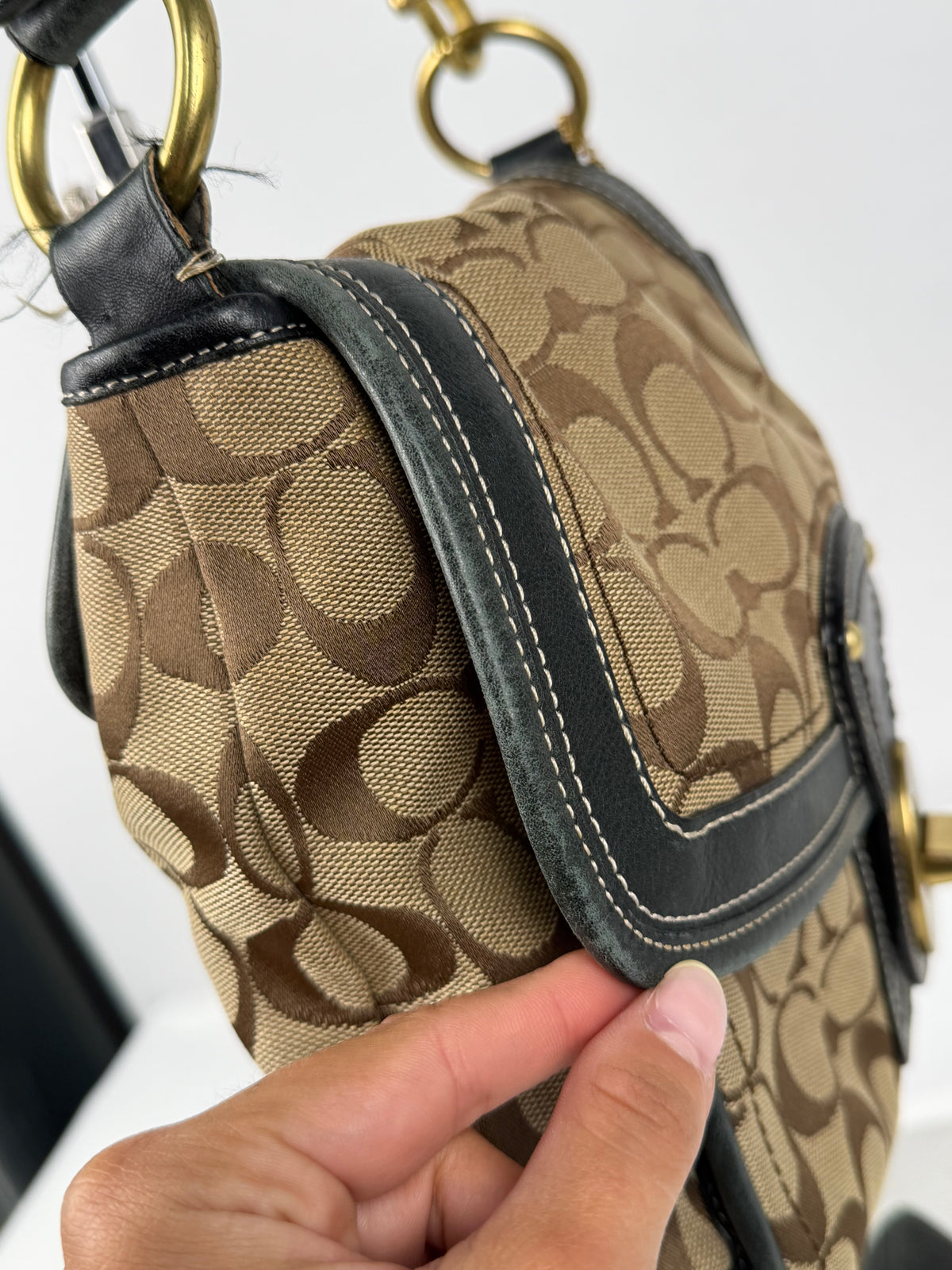 Coach 10338 Ali Legacy Turnlock Flap Signature Brown Monogram Shoulder Bag Black Leather Trim