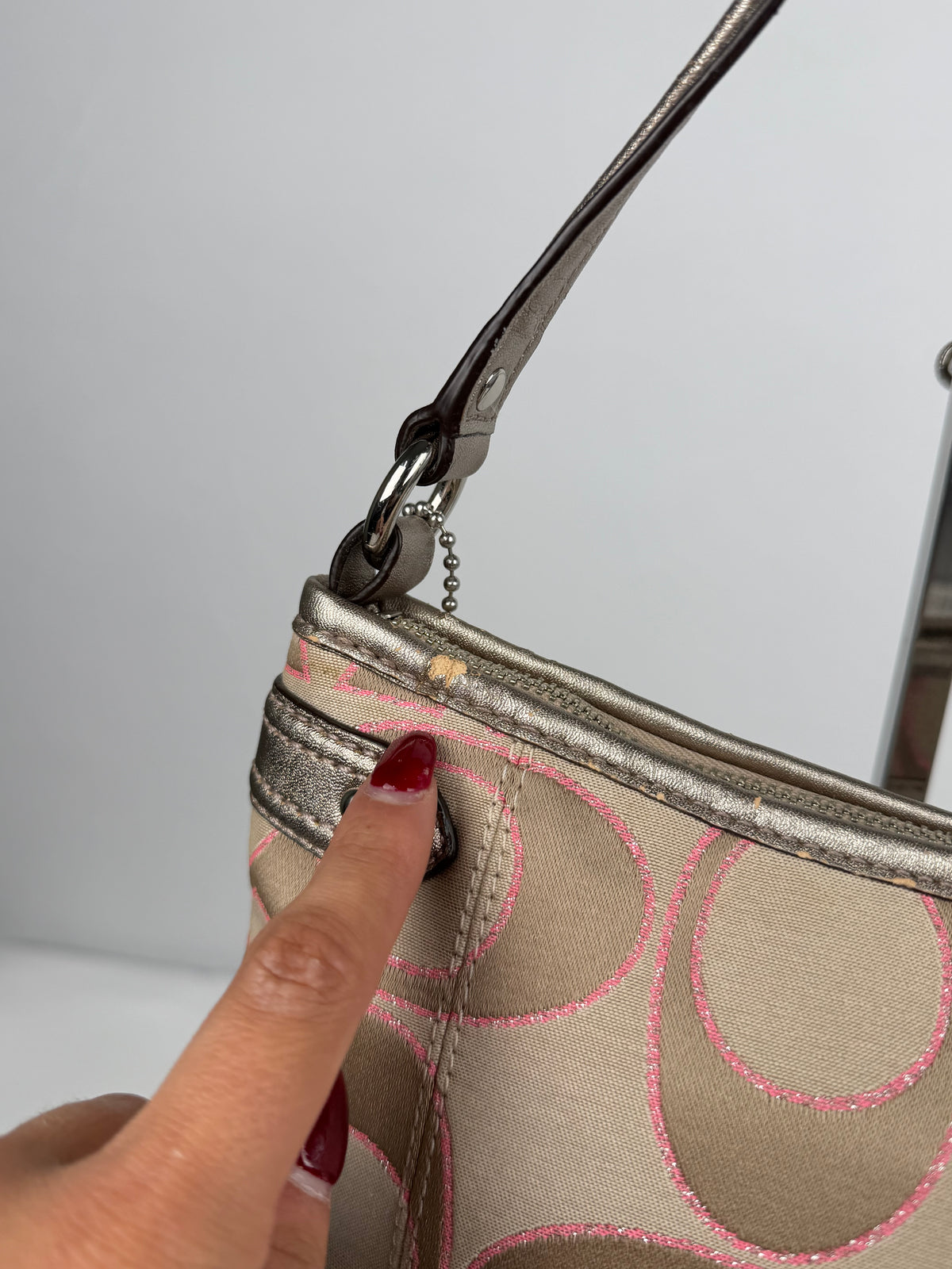 Coach F23946 Daisy Signature Monogram Pink/Beige Shoulder Bag Leather Trim