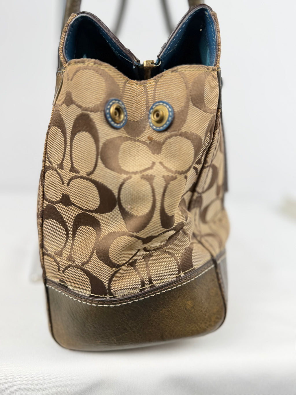 Coach 11063 Hampton Turnlock Signature Brown Shoulder Bag Leather Trim