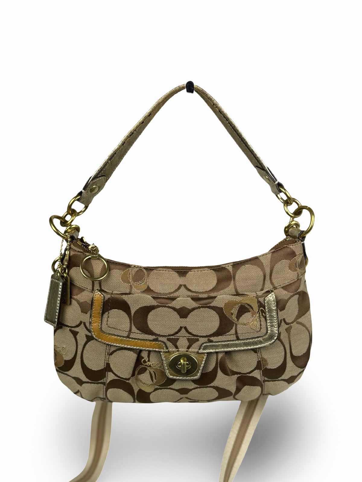 Coach F18756 Signature Brown Turnlock Shoulder Bag Leather Trim