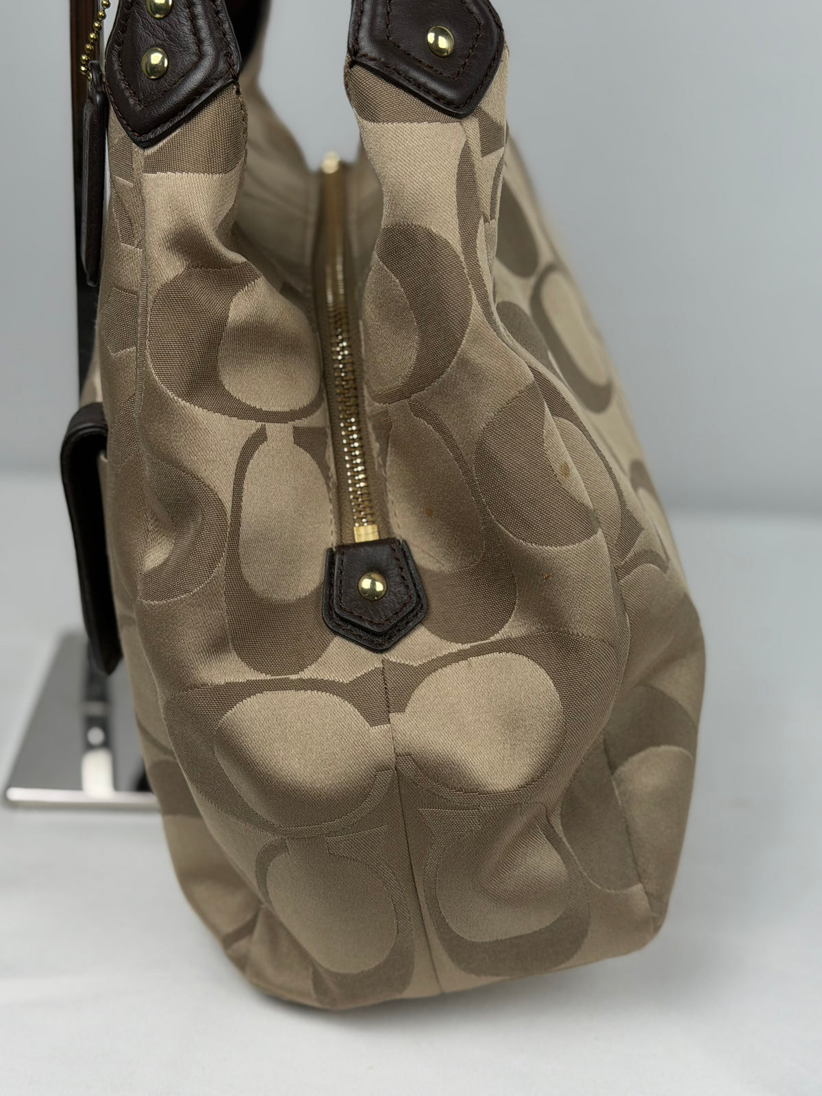 Coach F24742 Soho Beige Monogram Shoulder Bag Brown Leather Trim