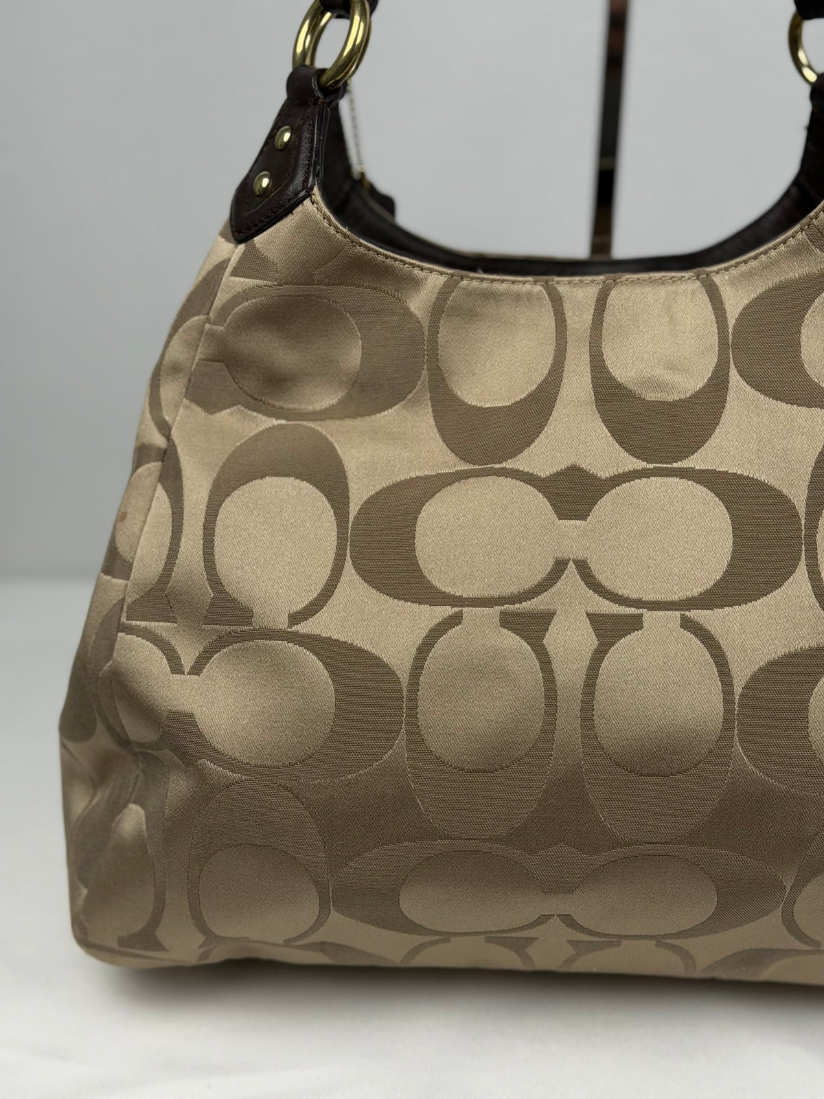 Coach F24742 Soho Beige Monogram Shoulder Bag Brown Leather Trim