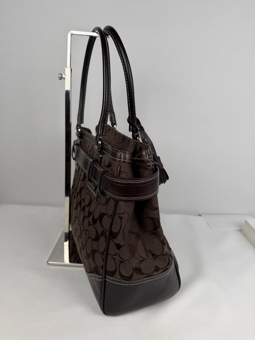 Coach 10246 Hampton Clip Signature Brown Shoulder Bag Leather Trim