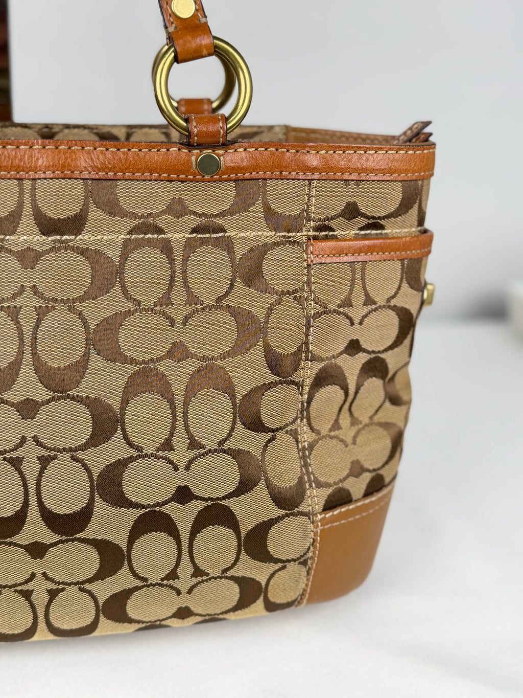 Coach 11237 Gallery Tote Signature Brown Monogram Shoulder Bag Leather Trim