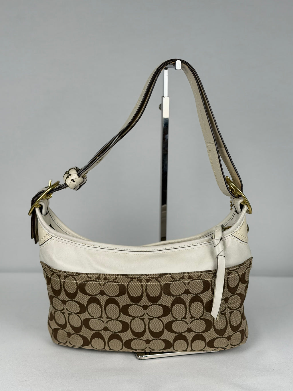 Coach 11444 Hobo Signature Brown Shoulder Bag White Leather Trim
