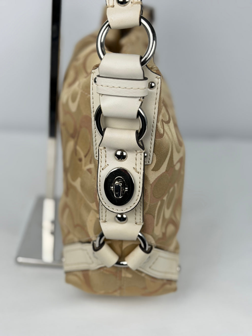 Coach F13980 Carly Optic Art Brown/Beige Monogram Shoulder Bag White Leather Trim