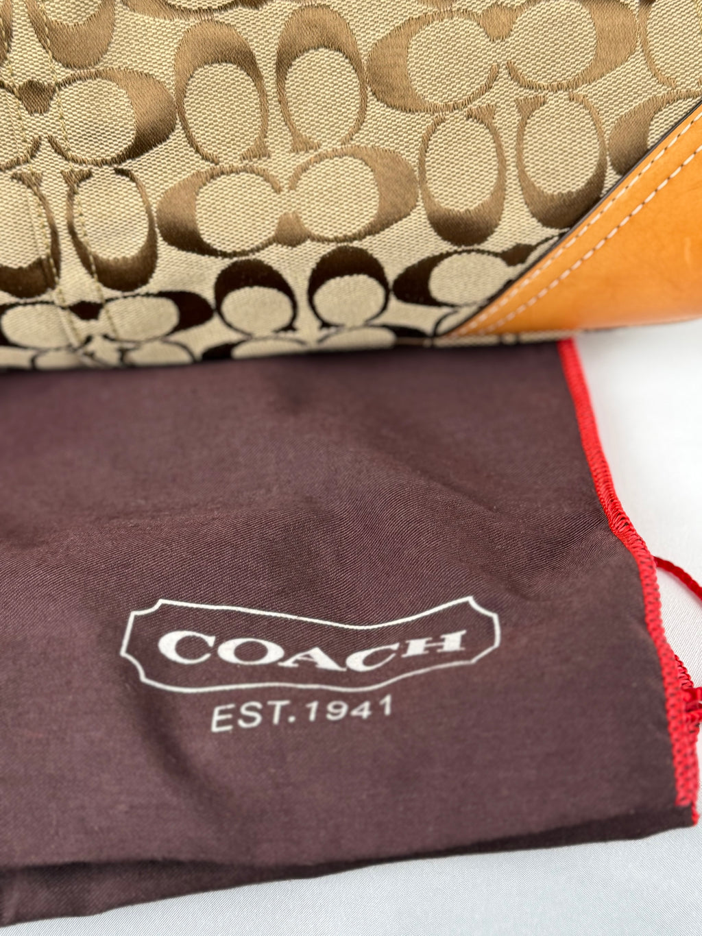 Coach 8K07 Hampton Clip Signature Brown Monogram Shoulder Bag Tan Leather Trim with dustbag
