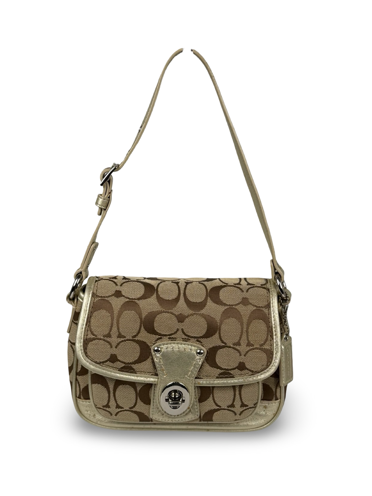 Coach F14282 Signature Turnlock Brown Shoulder Bag Gold Leather Trim