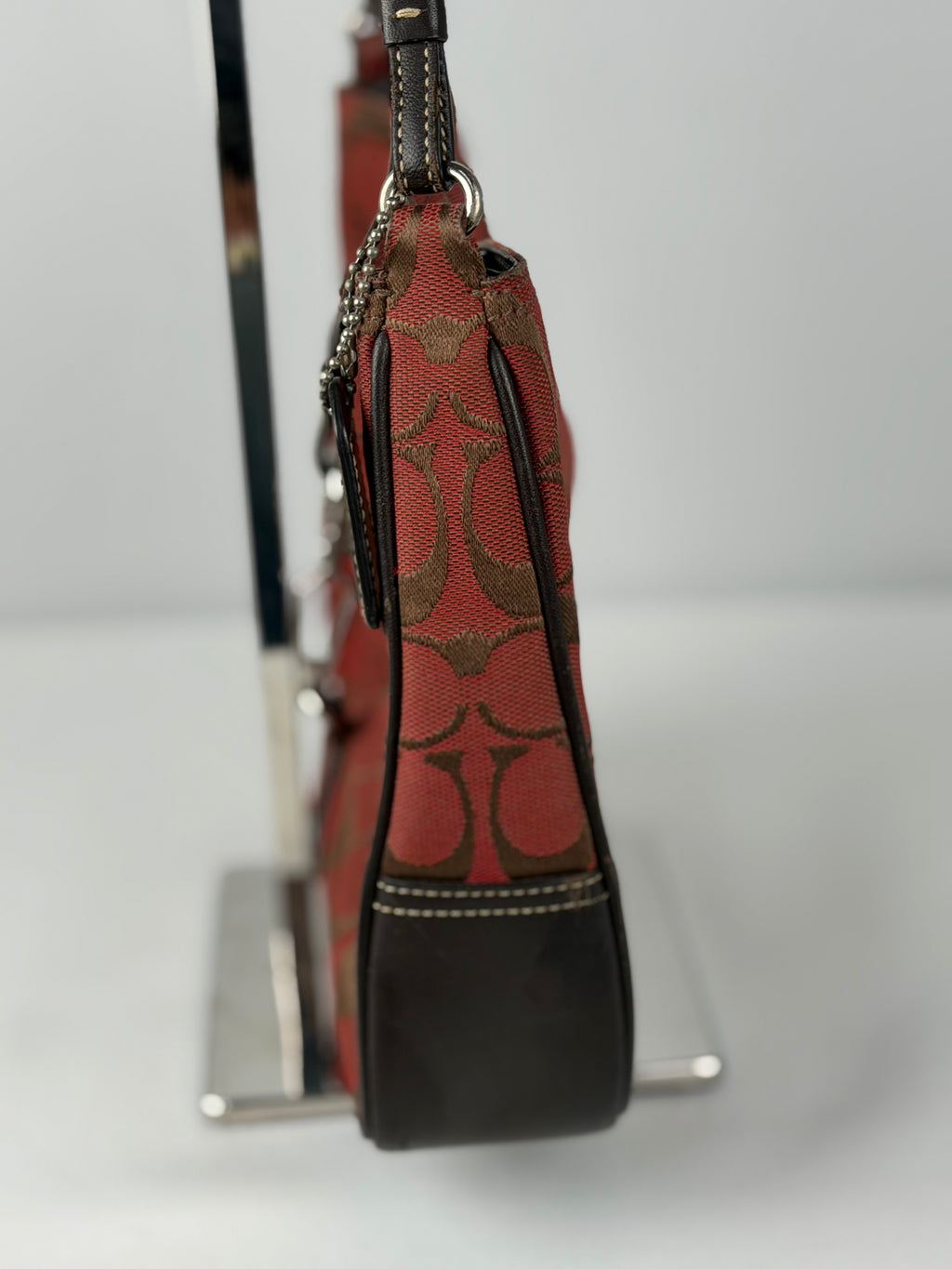 Coach 6091 Hampton Clip Signature Red/Brown Monogram Shoulder Bag Leather Trim