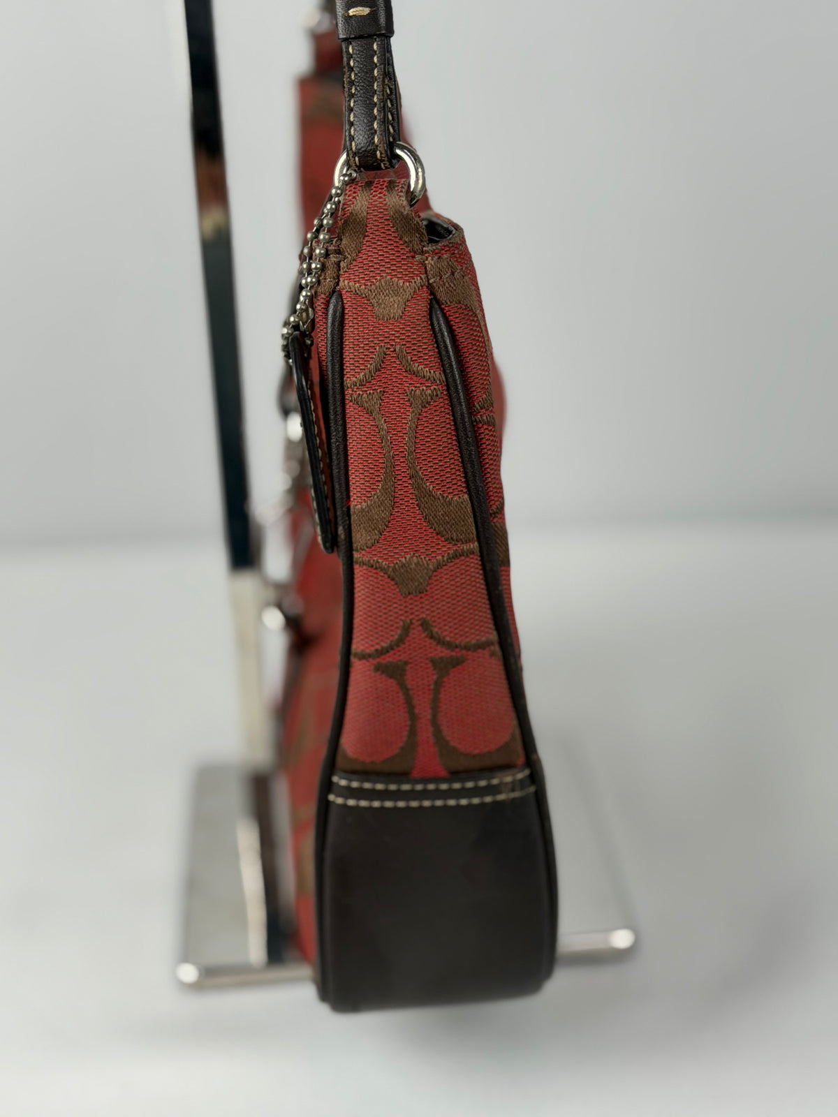 Coach 6091 Hampton Clip Signature Red/Brown Monogram Shoulder Bag Leather Trim