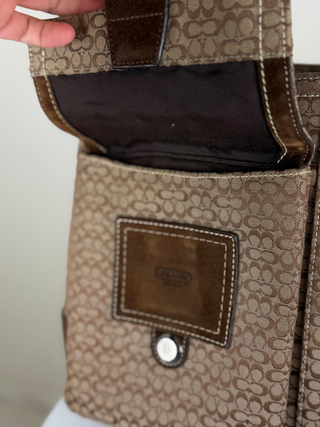 Coach 6427 Signature Brown Monogram Soho Shoulder Bag Suede Leather Trim