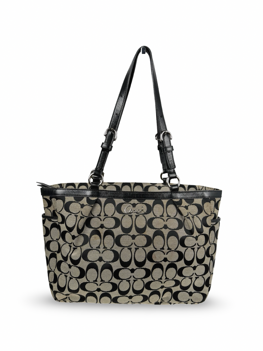 Coach F17726 Signature Grey/Black Shoulder Bag Leather Trim