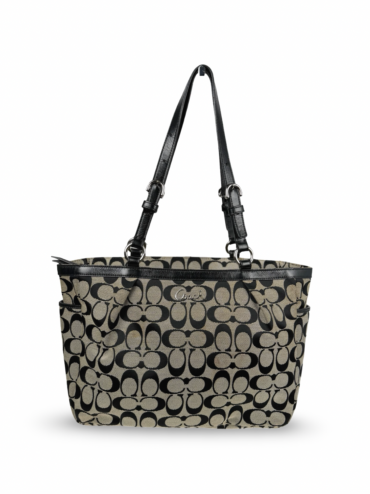 Coach F17726 Signature Grey/Black Shoulder Bag Leather Trim