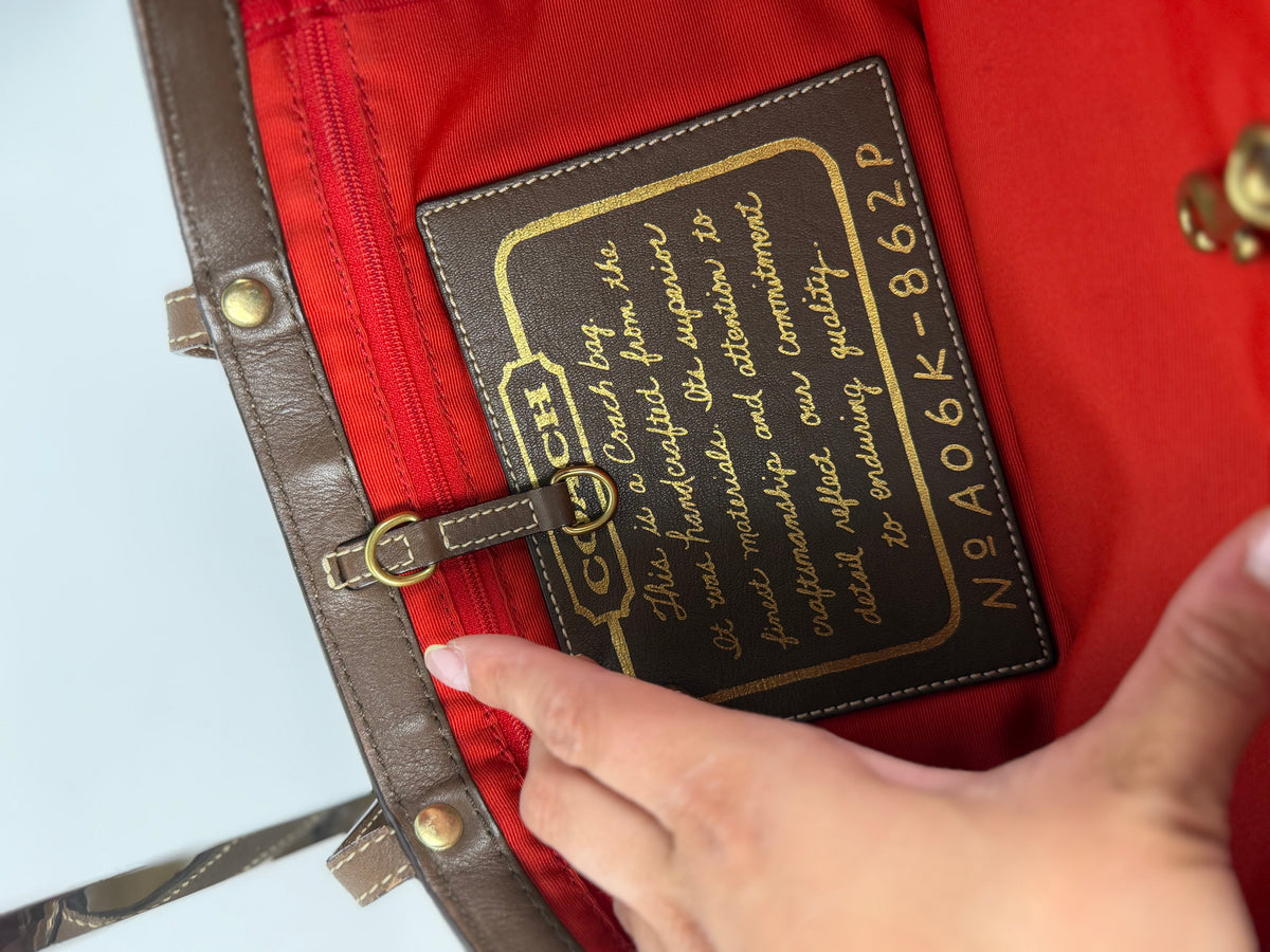 Coach 862P Signature Brown and Red Monogram Tote Shoulder Bag Leather Trim
