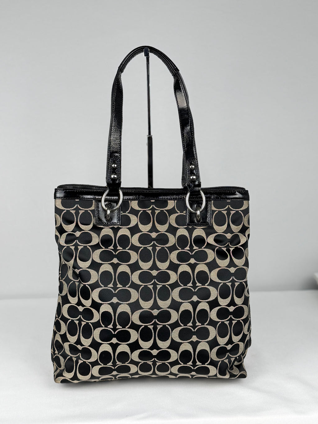 Coach F19262 Signature Black/Grey Monogram Turnlock Shoulder Bag Leather Trim