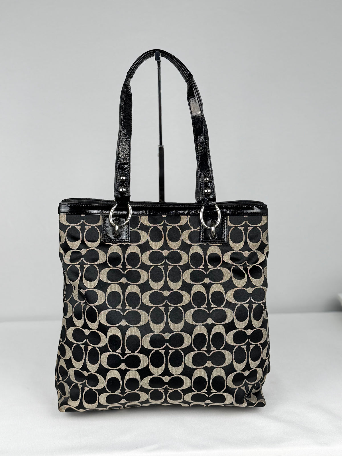 Coach F19262 Signature Black/Grey Monogram Turnlock Shoulder Bag Leather Trim