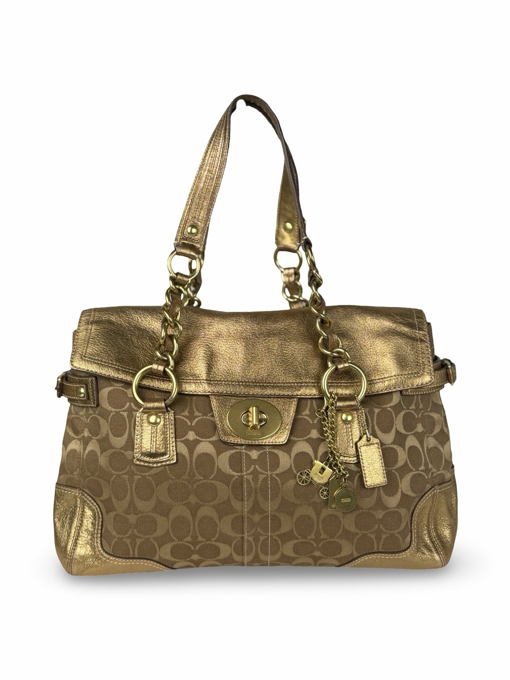 RARE Coach 12515 Turnlock Brown/Gold Shoulder Bag Leather Trim