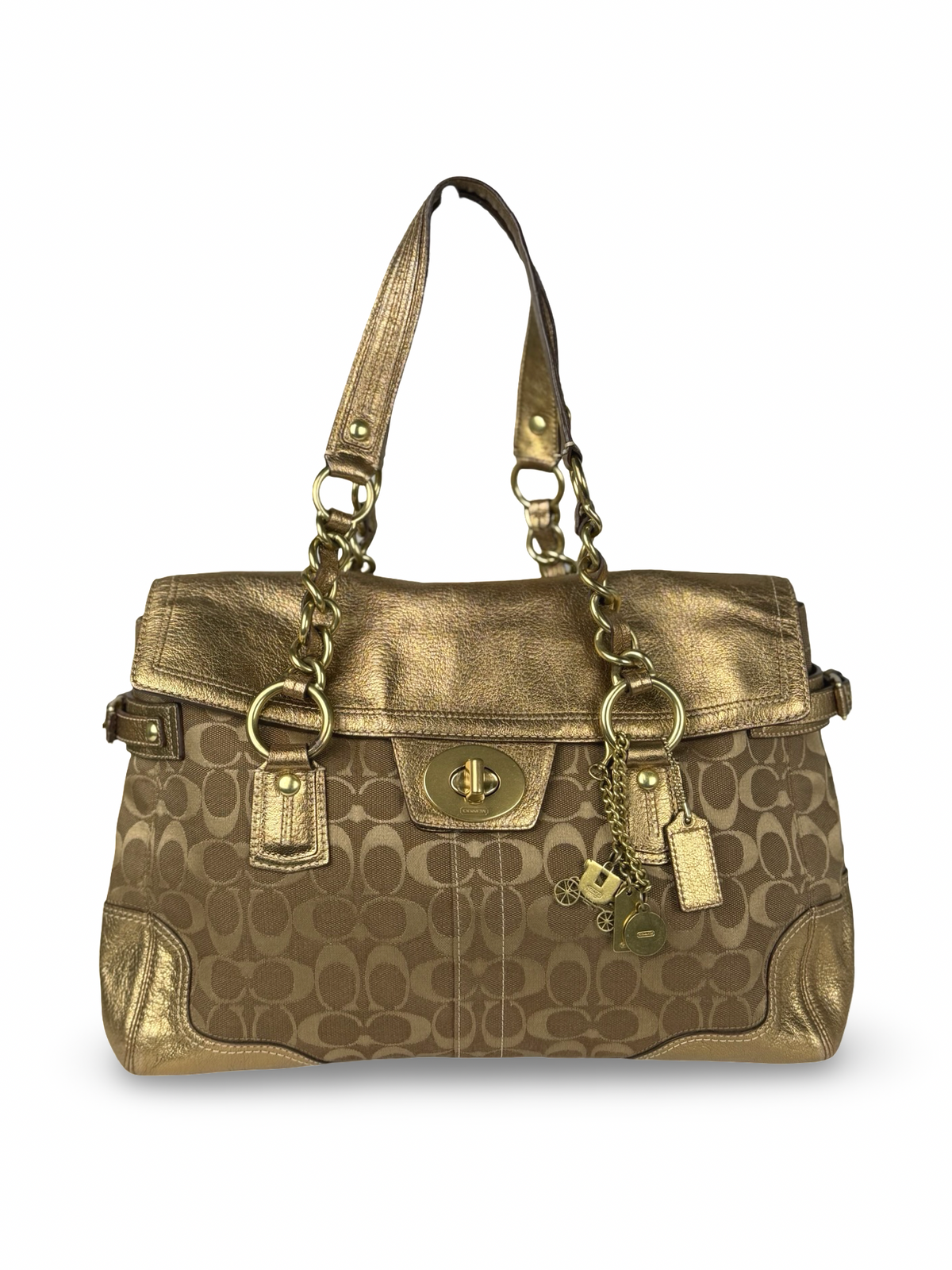 RARE Coach 12515 Turnlock Brown/Gold Shoulder Bag Leather Trim