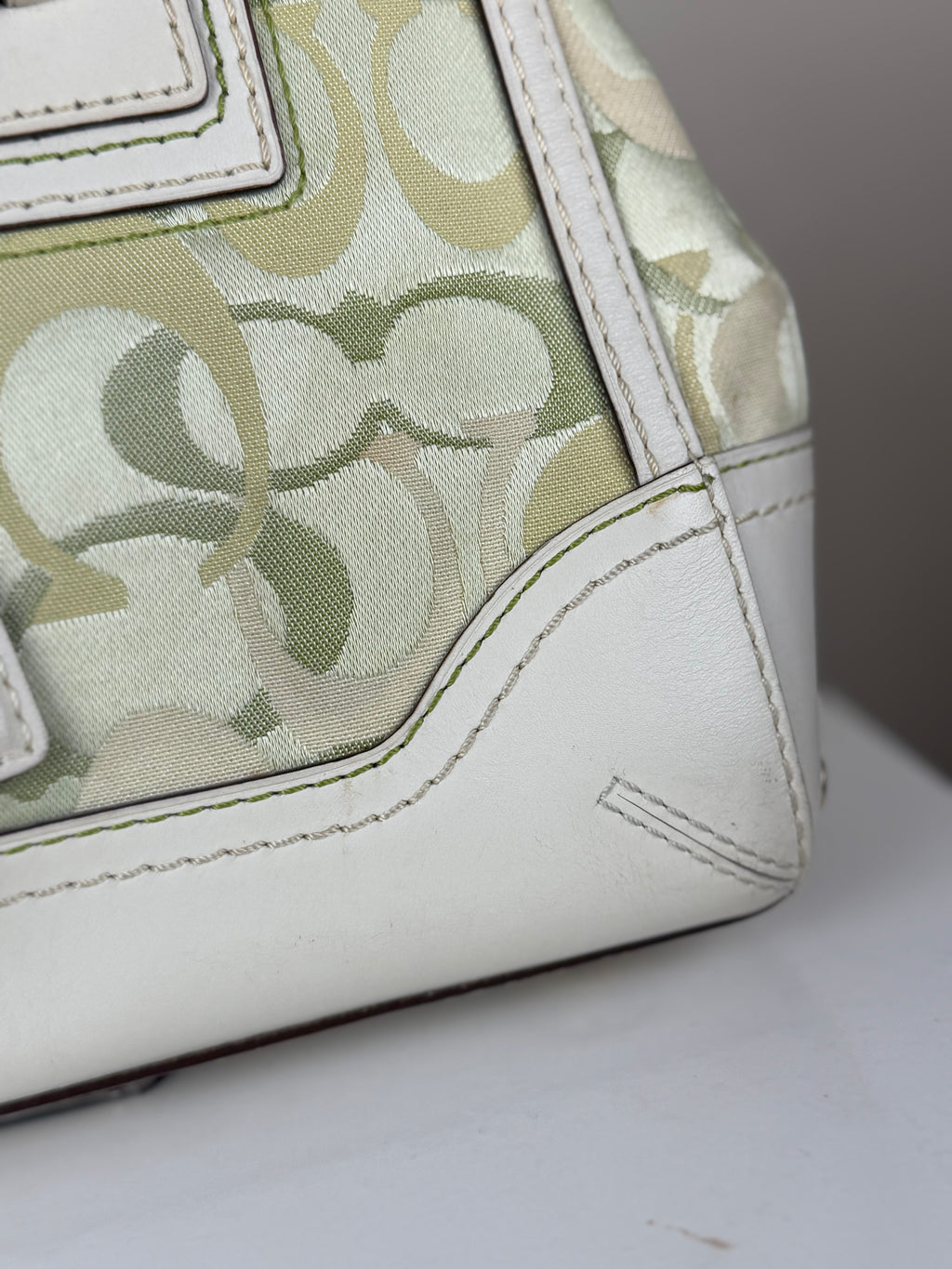 Coach 10785 Hampton Clip Green Optic Art Monogram Shoulder Bag White Leather Trim