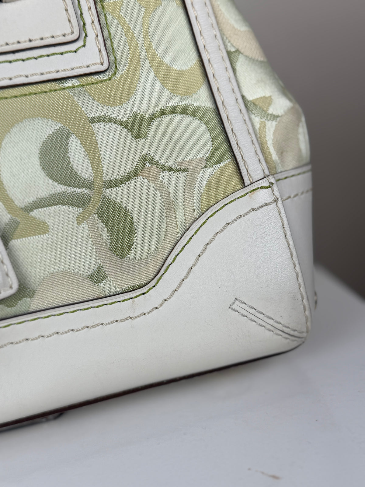 Coach 10785 Hampton Clip Green Optic Art Monogram Shoulder Bag White Leather Trim