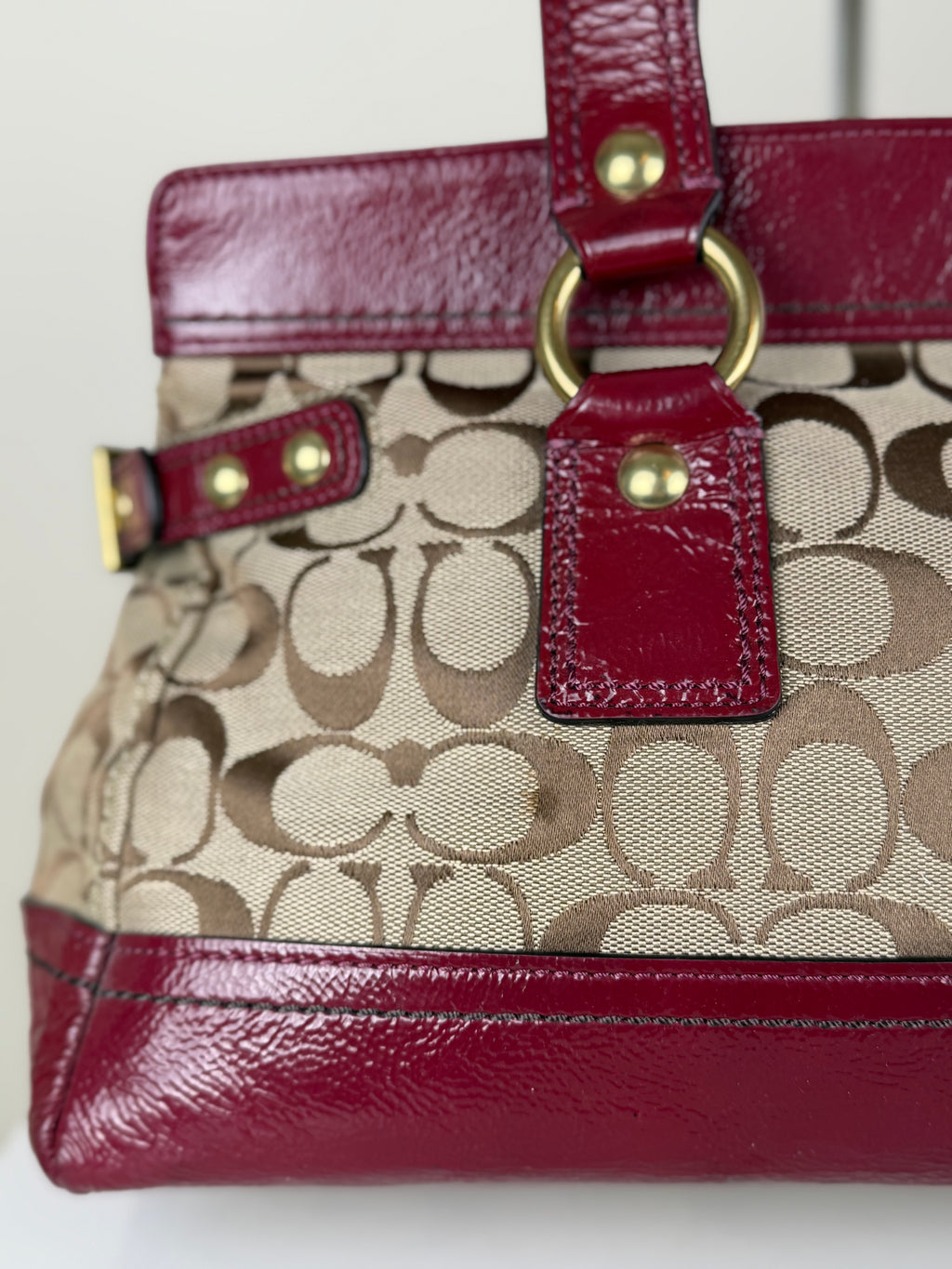 Coach F13131 Legacy Rare Turnlock Double Pocket Signature Brown Monogram Shoulder Bag Red Patent Leather Trim