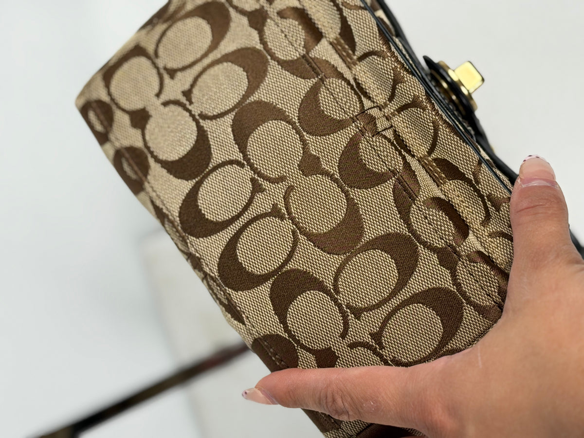 Coach 40224 Legacy Signature Brown Monogram Mini Shoulder Bag Leather Trim