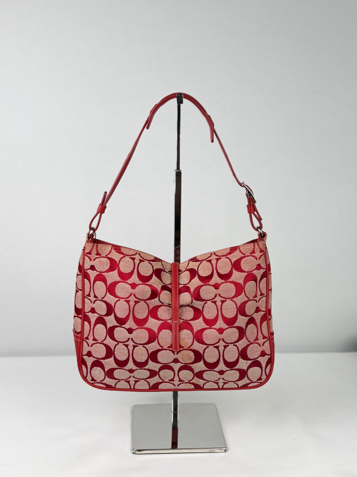 Coach 6091 Hampton Clip Red Signature Monogram Shoulder Bag Leather Trim