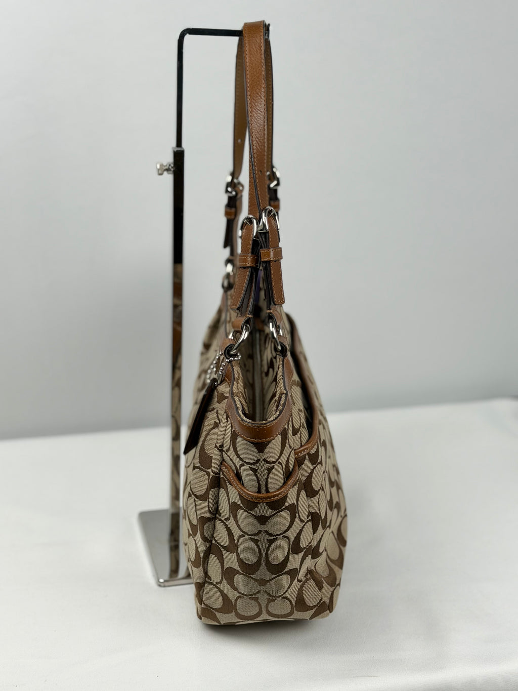 Coach F17726 Signature Brown Monogram Shoulder Bag Leather Trim