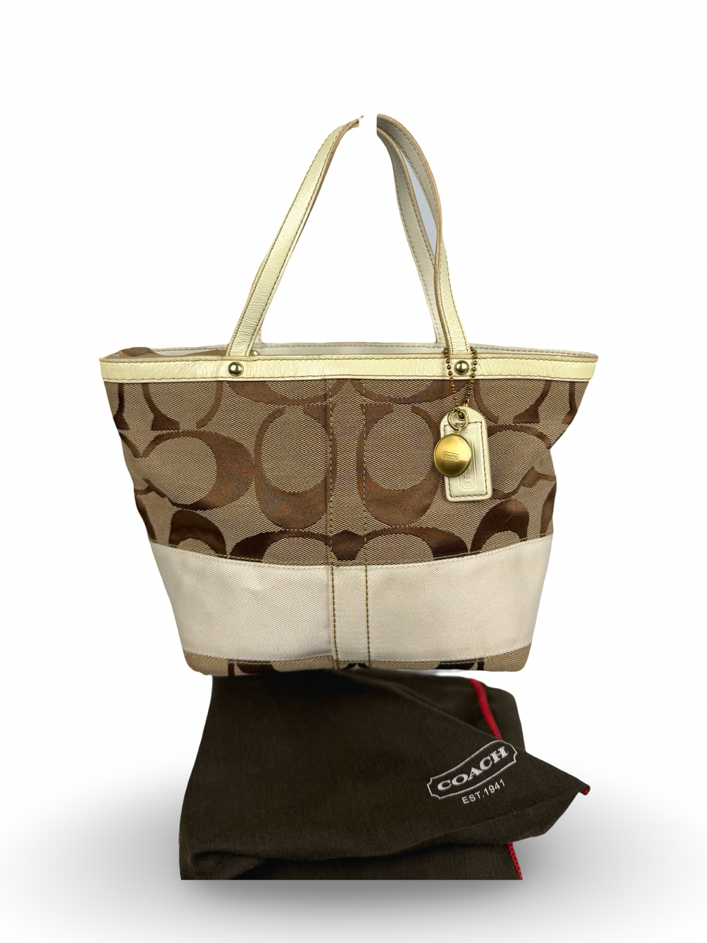 Coach 10123 Signature Brown Small Handbag White Leather Trim