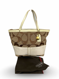 Coach 10123 Signature Brown Small Handbag White Leather Trim