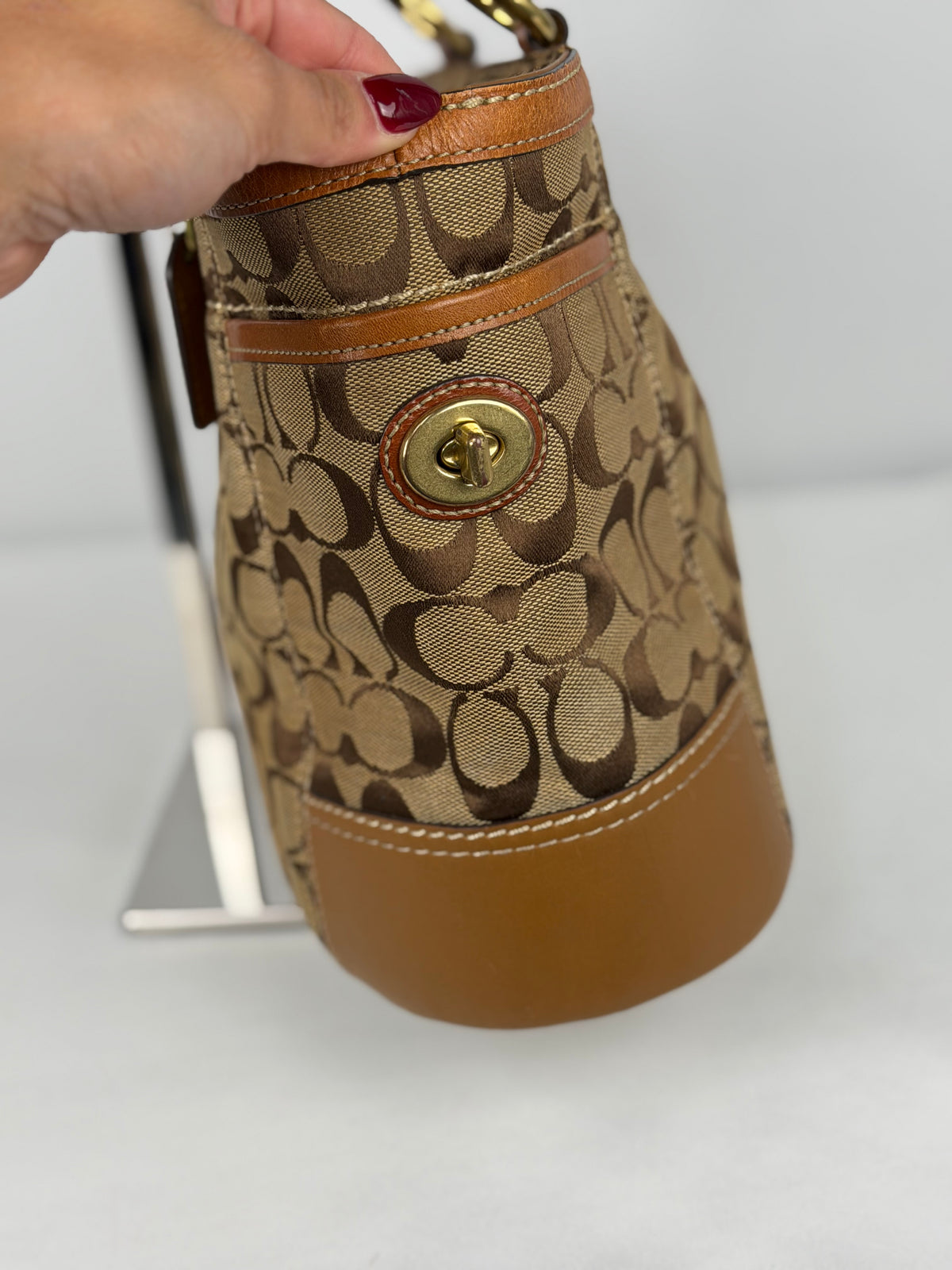 Coach 11237 Gallery Tote Signature Brown Monogram Shoulder Bag Leather Trim