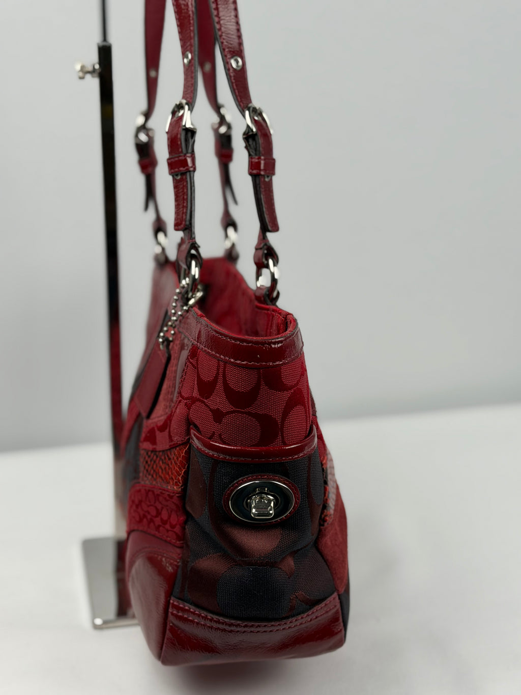 Coach F14004 Rare Red Patchwork Suede/Leather/Canvas Gallery Tote Shoulder Bag