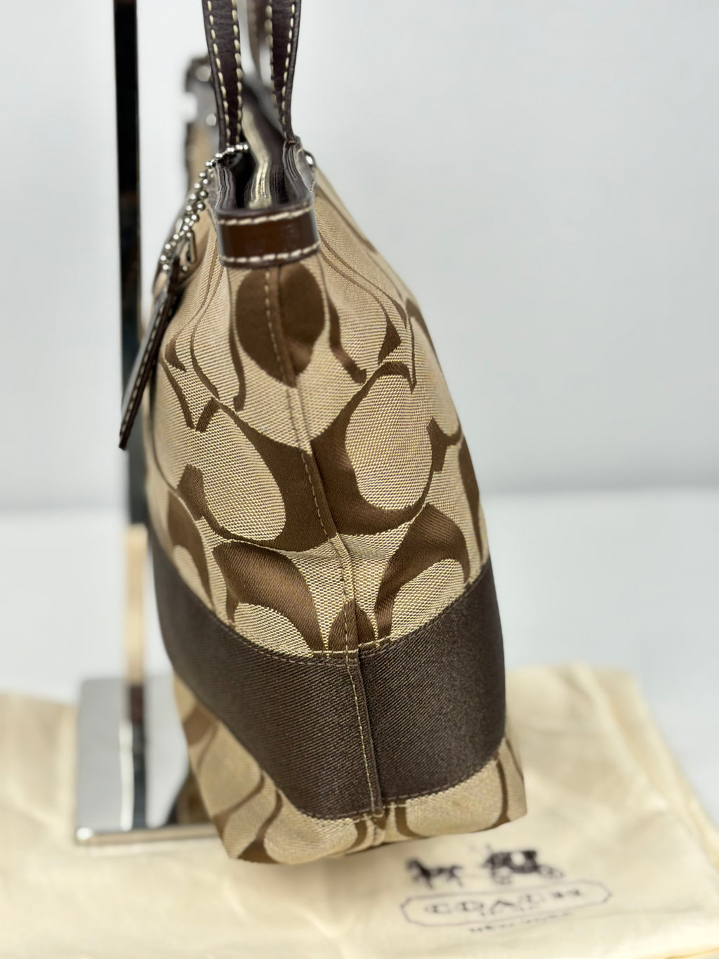 Coach F15112 Signature Brown Monogram Tote Shoulder Bag Leather Trim