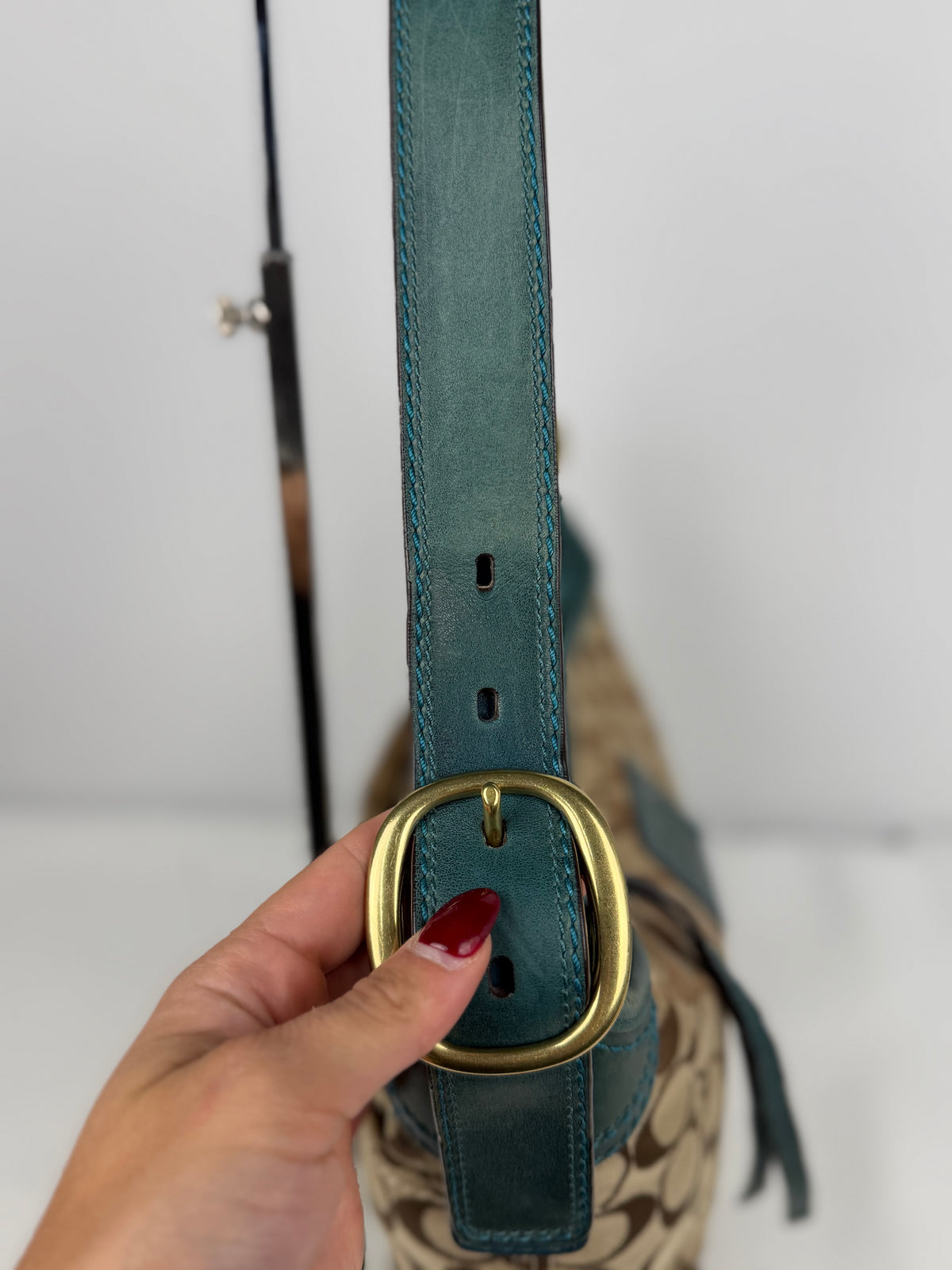 Coach 12594 Hobo Signature Brown Shoulder Bag Teal Leather Trim Convertible