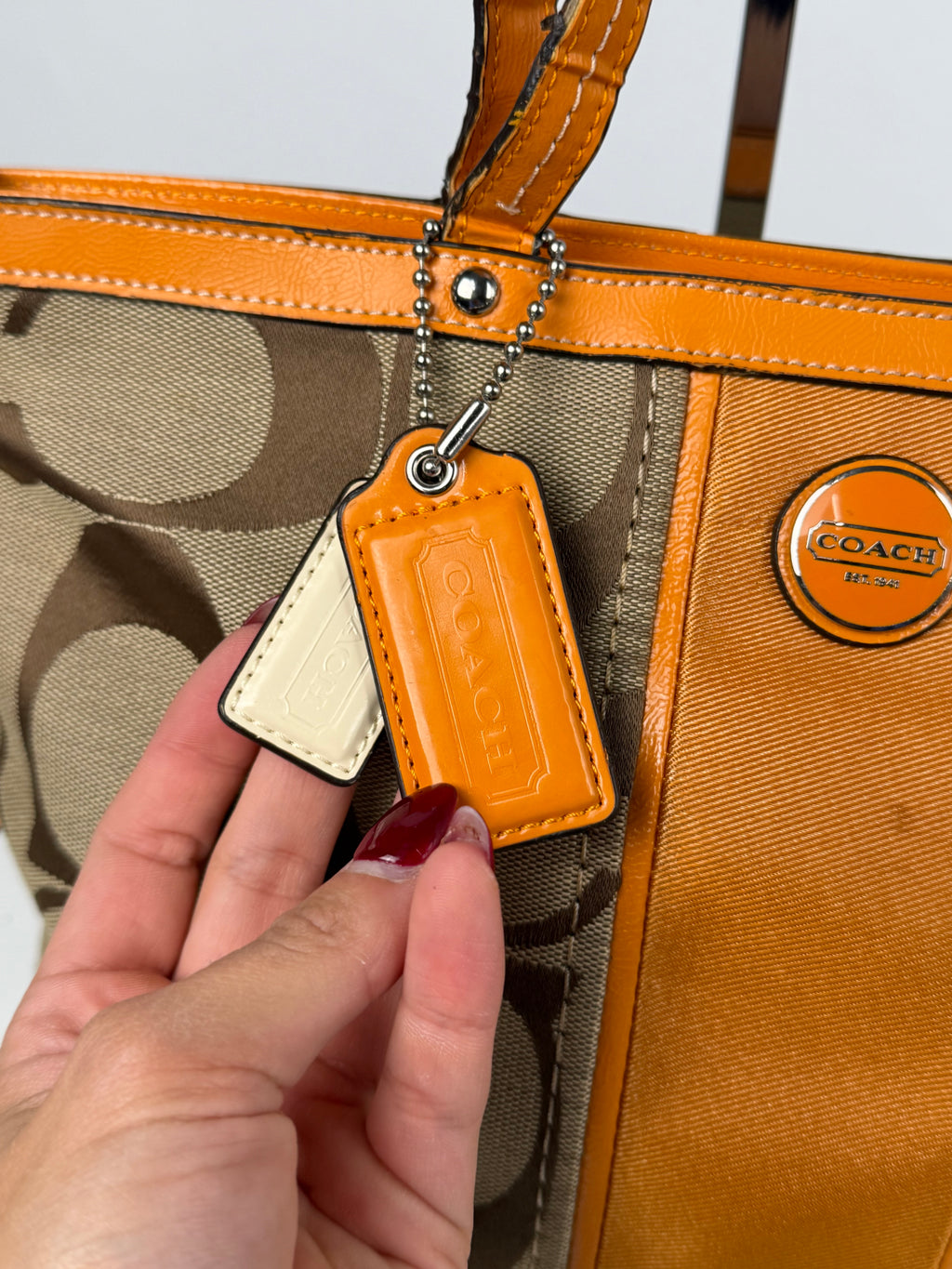 Coach F21950 Signature Orange/Brown Monogram Tote Shoulder Bag Leather Trim