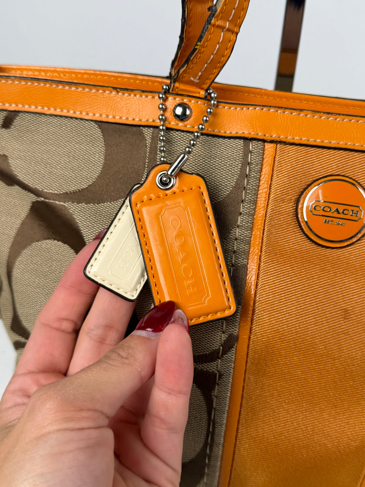 Coach F21950 Signature Orange/Brown Monogram Tote Shoulder Bag Leather Trim