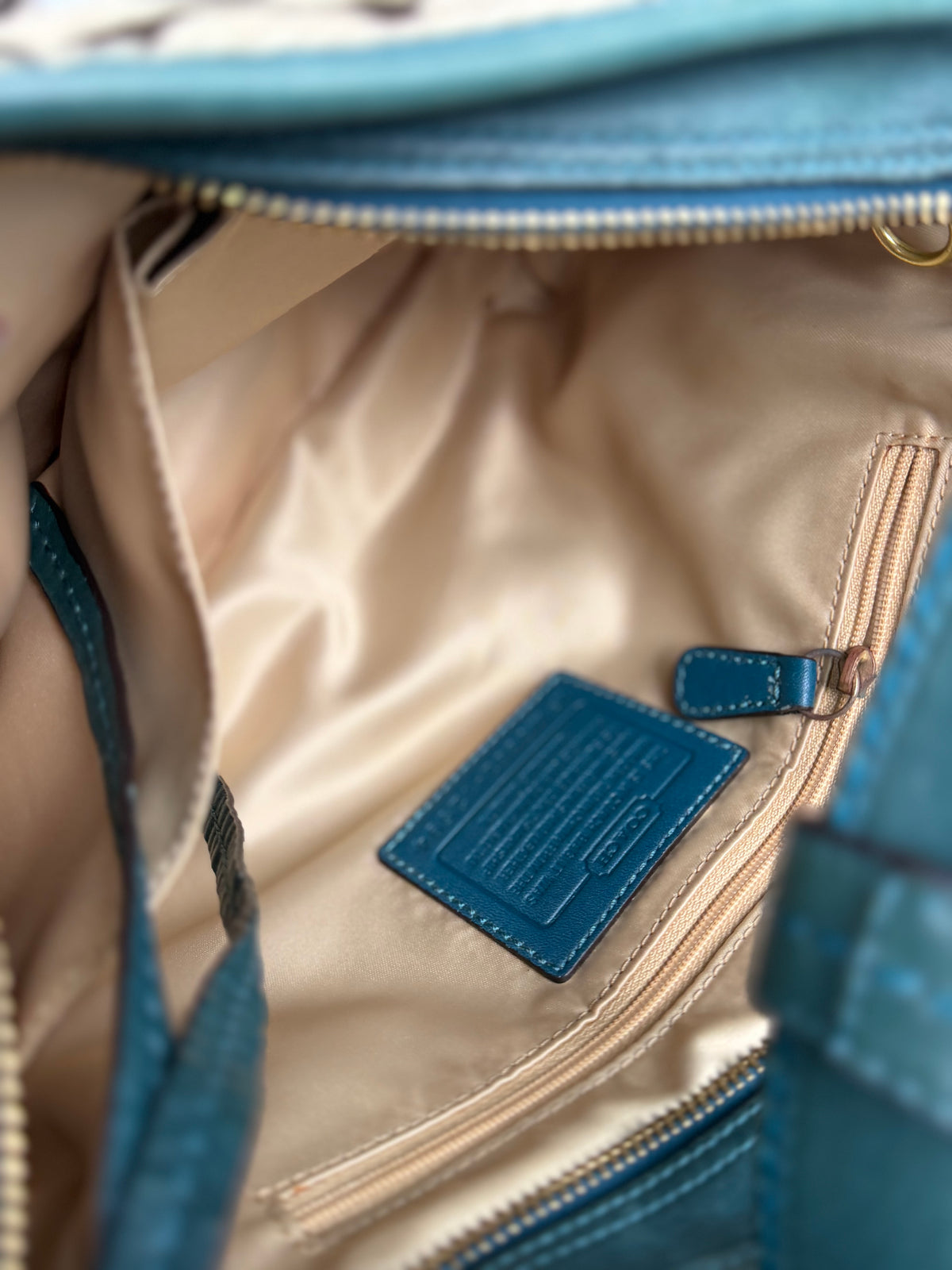 Coach 12594 Hobo Signature Brown Shoulder Bag Teal Leather Trim Convertible