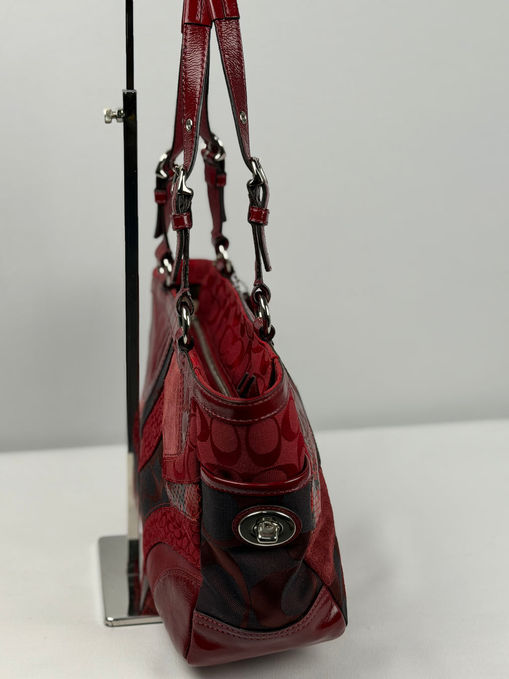 Coach F14004 Rare Red Patchwork Suede/Leather/Canvas Gallery Tote Shoulder Bag