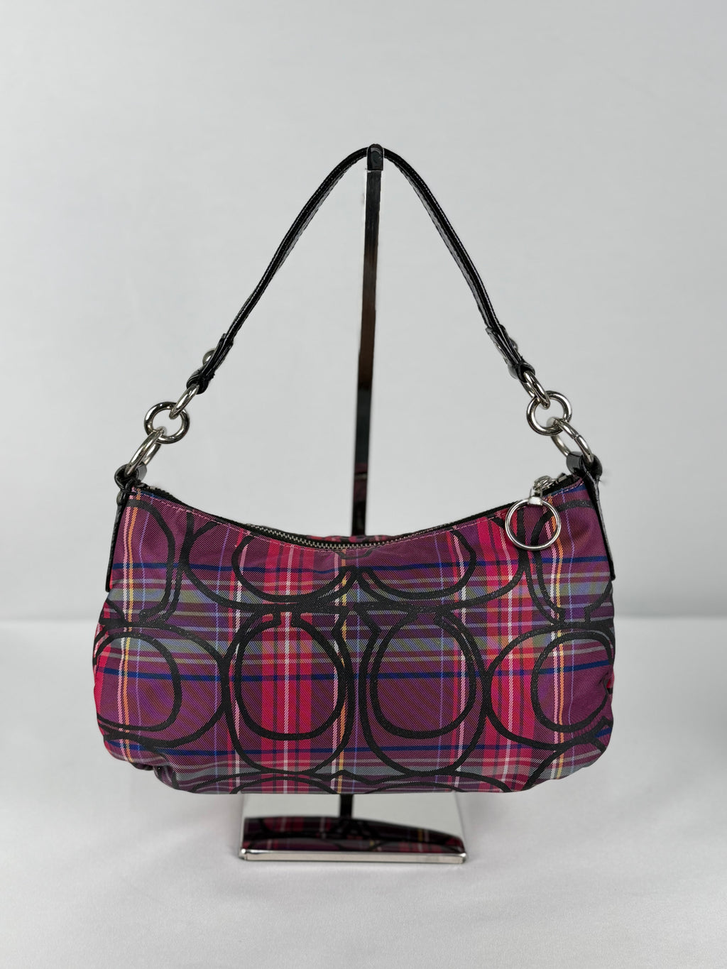 Coach 14366 Poppy Tartan Pink/Purple/Black Shoulder Bag Leather Trim