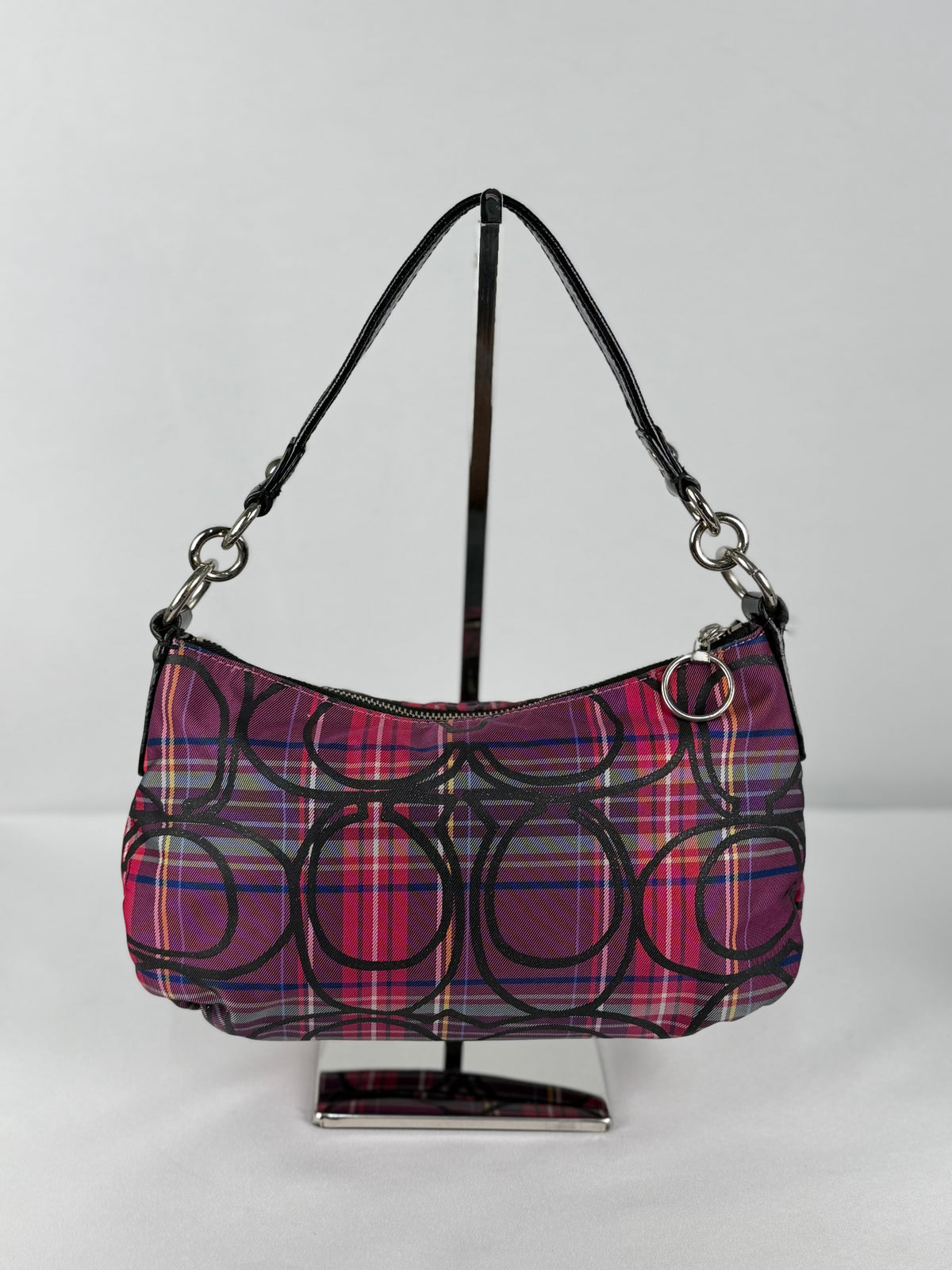 Coach 14366 Poppy Tartan Pink/Purple/Black Shoulder Bag Leather Trim