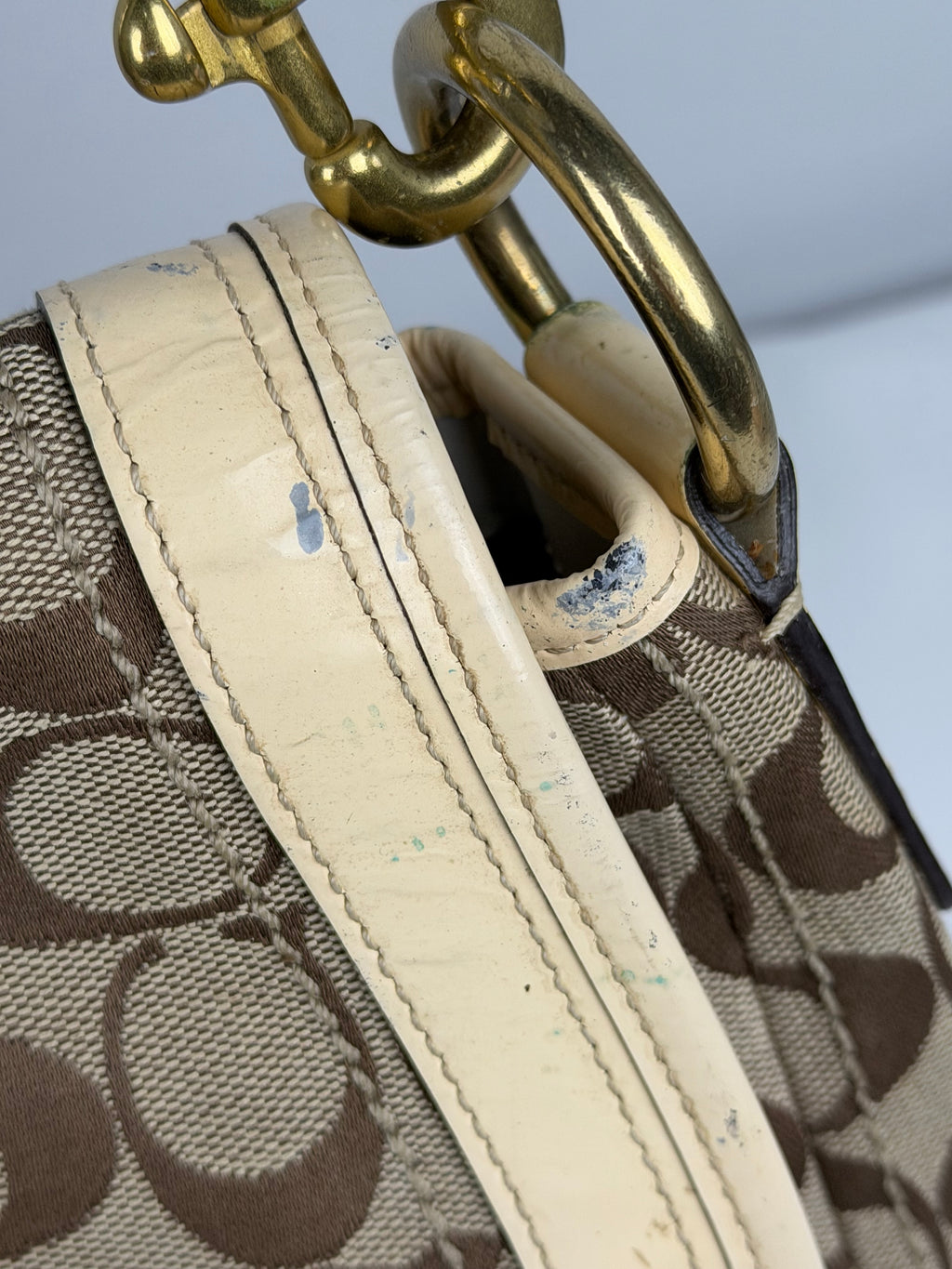 Coach F12857 Legacy Ali Signature Brown Monogram Shoulder Bag Cream Patent Leather Trim