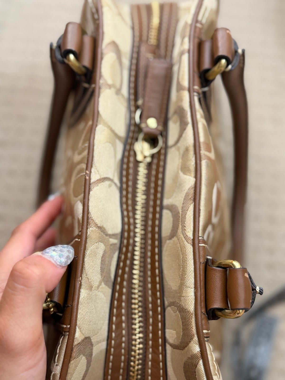 Coach 10777 Brown/Beige Optic Art Monogram Boston Shoulder Bag Brown Leather Trim