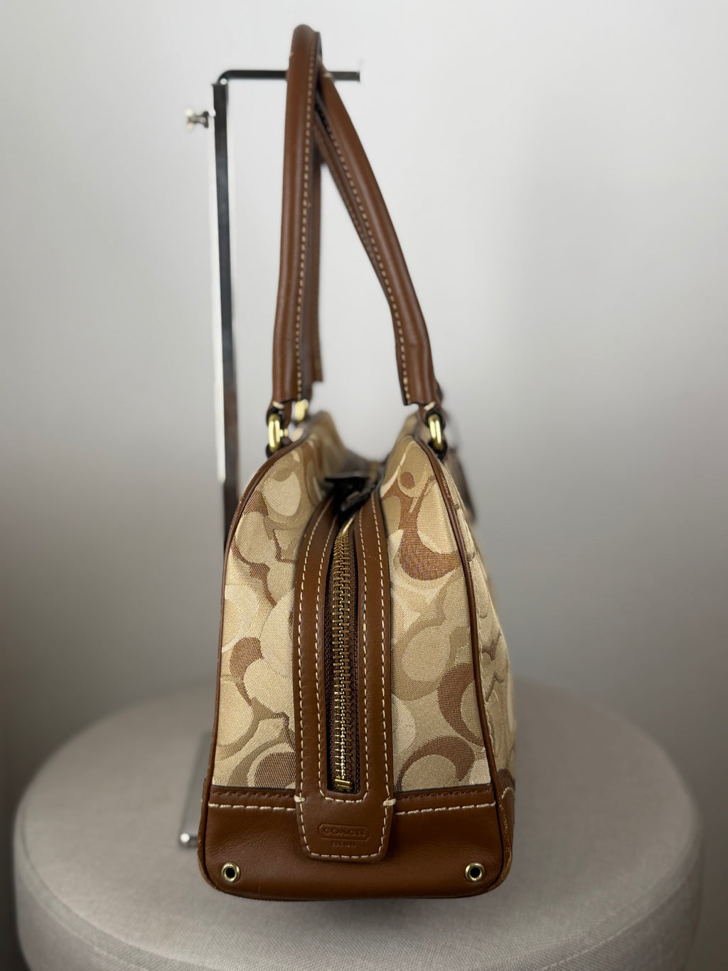 Coach 10777 Brown/Beige Optic Art Monogram Boston Shoulder Bag Brown Leather Trim